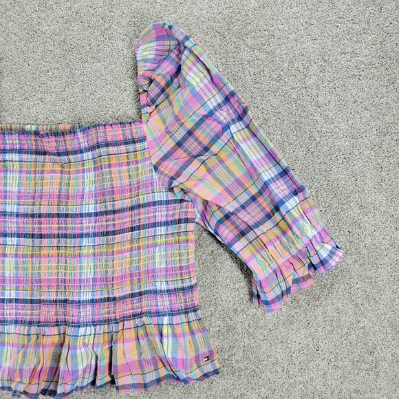 Tommy Hilfiger Smocked Plaid Top Womens XL Pink Puff Sleeve Cropped Peplum New - Picture 8 of 13